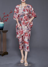 Load image into Gallery viewer, Red Print Loose Linen Silk 2 Piece Outfit Side Open Summer