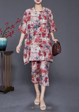 Load image into Gallery viewer, Red Print Loose Linen Silk 2 Piece Outfit Side Open Summer