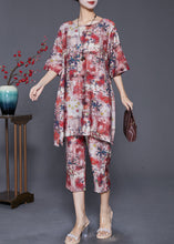 Load image into Gallery viewer, Red Print Loose Linen Silk 2 Piece Outfit Side Open Summer