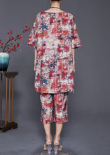 Load image into Gallery viewer, Red Print Loose Linen Silk 2 Piece Outfit Side Open Summer