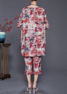 Red Print Loose Linen Silk 2 Piece Outfit Side Open Summer