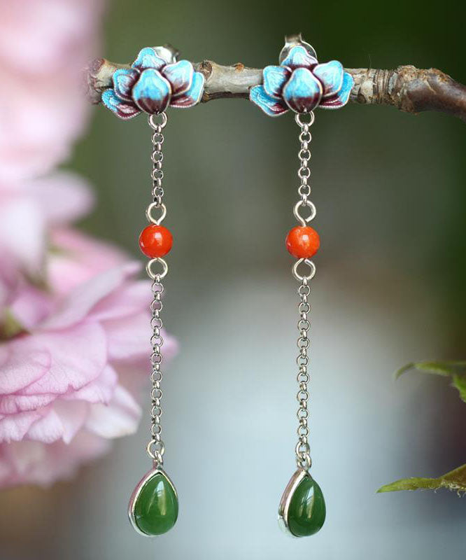 Regular Blue Sterling Silver Inlaid Jade Gem Stone Cloisonne Drop Earrings