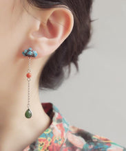 Load image into Gallery viewer, Regular Blue Sterling Silver Inlaid Jade Gem Stone Cloisonne Drop Earrings