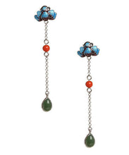 Load image into Gallery viewer, Regular Blue Sterling Silver Inlaid Jade Gem Stone Cloisonne Drop Earrings