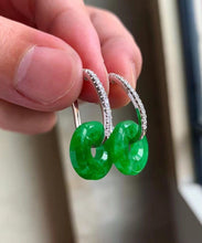 Load image into Gallery viewer, Regular Green Sterling Silver Inlaid Zircon Chalcedony Hoop Earrings