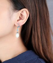 Load image into Gallery viewer, Regular Silk Sterling Silver Inladi Pearl Turquoise Drop Earrings