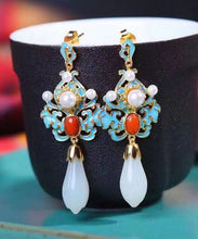 Load image into Gallery viewer, Regular Sterling Sliver Overgild Pearl Cloisonne Jade Agate Drop Earrings