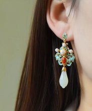 Load image into Gallery viewer, Regular Sterling Sliver Overgild Pearl Cloisonne Jade Agate Drop Earrings