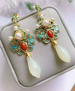 Regular Sterling Sliver Overgild Pearl Cloisonne Jade Agate Drop Earrings