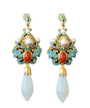 Load image into Gallery viewer, Regular Sterling Sliver Overgild Pearl Cloisonne Jade Agate Drop Earrings