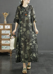 Retro Black Print Chinese Button Patchwork Linen Dresses Summer