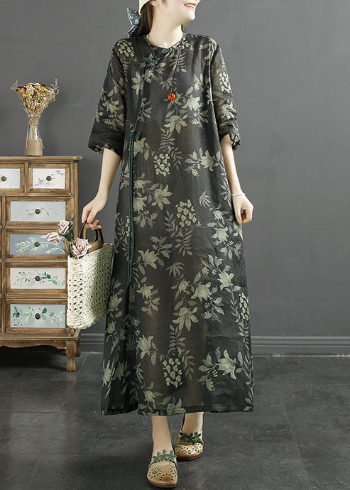 Retro Black Print Chinese Button Patchwork Linen Dresses Summer