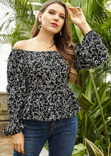 Load image into Gallery viewer, Retro Black Slash Neck Print Wrinkled Chiffon Shirts Long Sleeve