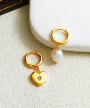 Load image into Gallery viewer, Retro Gold Copper Overgild Asymmetricar Zircon Glass Pearl Heart Hoop Earrings