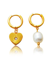 Load image into Gallery viewer, Retro Gold Copper Overgild Asymmetricar Zircon Glass Pearl Heart Hoop Earrings