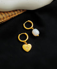 Load image into Gallery viewer, Retro Gold Copper Overgild Asymmetricar Zircon Glass Pearl Heart Hoop Earrings