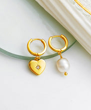 Load image into Gallery viewer, Retro Gold Copper Overgild Asymmetricar Zircon Glass Pearl Heart Hoop Earrings