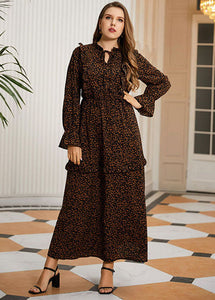 Retro Khaki Ruffled Patchwork Print Cotton Maxi Dress Long Sleeve