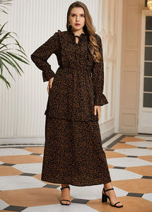 Retro Khaki Ruffled Patchwork Print Cotton Maxi Dress Long Sleeve