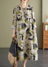 Load image into Gallery viewer, Retro O-Neck Print Pockets Linen Vacation Dresses Long Sleeve