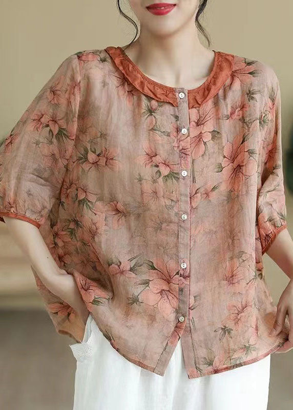 Retro Orange Ruffled Print Button Patchwork Linen Blouses Bracelet Sleeve