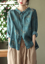 Load image into Gallery viewer, Retro Peacock Green Peter Pan Collar Print Button Wrinkled Shirts Long Sleeve