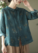 Load image into Gallery viewer, Retro Peacock Green Peter Pan Collar Print Button Wrinkled Shirts Long Sleeve