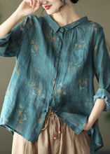 Load image into Gallery viewer, Retro Peacock Green Peter Pan Collar Print Button Wrinkled Shirts Long Sleeve