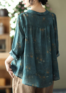 Retro Peacock Green Peter Pan Collar Print Button Wrinkled Shirts Long Sleeve