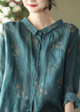 Load image into Gallery viewer, Retro Peacock Green Peter Pan Collar Print Button Wrinkled Shirts Long Sleeve