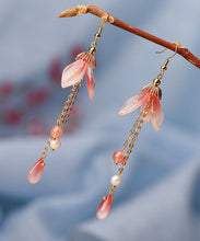 Load image into Gallery viewer, Retro Pink Coloured Glaze Lily Flower Pearl Drop Earrings