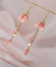 Load image into Gallery viewer, Retro Pink Coloured Glaze Lily Flower Pearl Drop Earrings