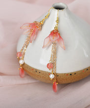 Load image into Gallery viewer, Retro Pink Coloured Glaze Lily Flower Pearl Drop Earrings