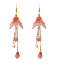 Load image into Gallery viewer, Retro Pink Coloured Glaze Lily Flower Pearl Drop Earrings