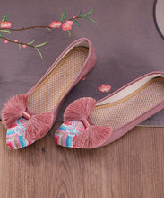 Load image into Gallery viewer, Retro Pink Embroideried Tassel Cotton Fabric Flat Shoes For Women