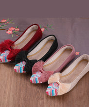 Load image into Gallery viewer, Retro Pink Embroideried Tassel Cotton Fabric Flat Shoes For Women