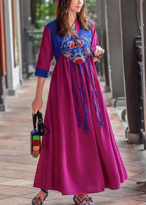 Retro Purple Tasseled Embroideried Patchwork Cotton Long Dresses Spring