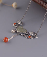 Load image into Gallery viewer, Retro Red Sterling Silver Jade Agate Tussel Peony Pendant Necklace