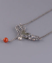 Load image into Gallery viewer, Retro Red Sterling Silver Jade Agate Tussel Peony Pendant Necklace