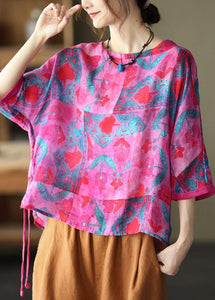 Rose Print Side Open Drawstring Print Summer Ramie Blouses