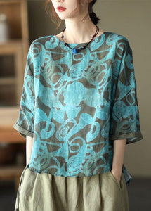 Rose Print Side Open Drawstring Print Summer Ramie Blouses