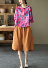 Load image into Gallery viewer, Rose Print Side Open Drawstring Print Summer Ramie Blouses