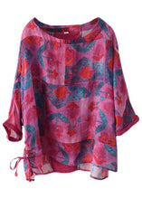 Load image into Gallery viewer, Rose Print Side Open Drawstring Print Summer Ramie Blouses