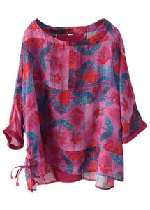 Rose Print Side Open Drawstring Print Summer Ramie Blouses