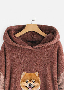 Rubber Red Pockets Low High Design Patchwork Teddy Faux Fur Sweatshirts Hooded Fall