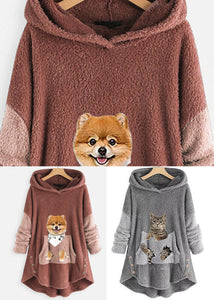 Rubber Red Pockets Low High Design Patchwork Teddy Faux Fur Sweatshirts Hooded Fall