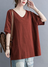 Load image into Gallery viewer, Rust Patchwork Cotton T Shirt Tops V Neck Short Sleeve