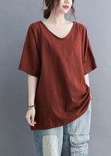 Load image into Gallery viewer, Rust Patchwork Cotton T Shirt Tops V Neck Short Sleeve