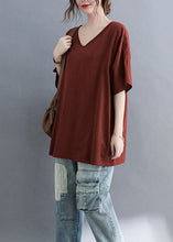 Load image into Gallery viewer, Rust Patchwork Cotton T Shirt Tops V Neck Short Sleeve