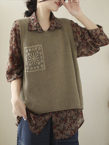 Women Casual Knitted Embroidery Patch Vest